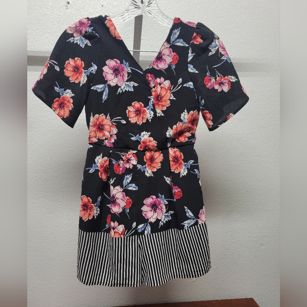Trixxi Girl Romper Floral And Striped Black Size 12